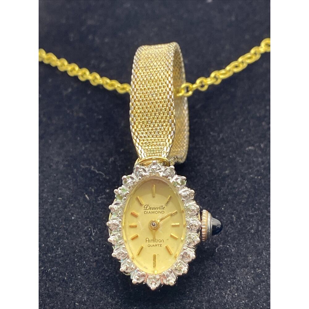 Vintage Unique Deauville Diamond Gold Tone Womens Pocket Watch Necklace New Batt